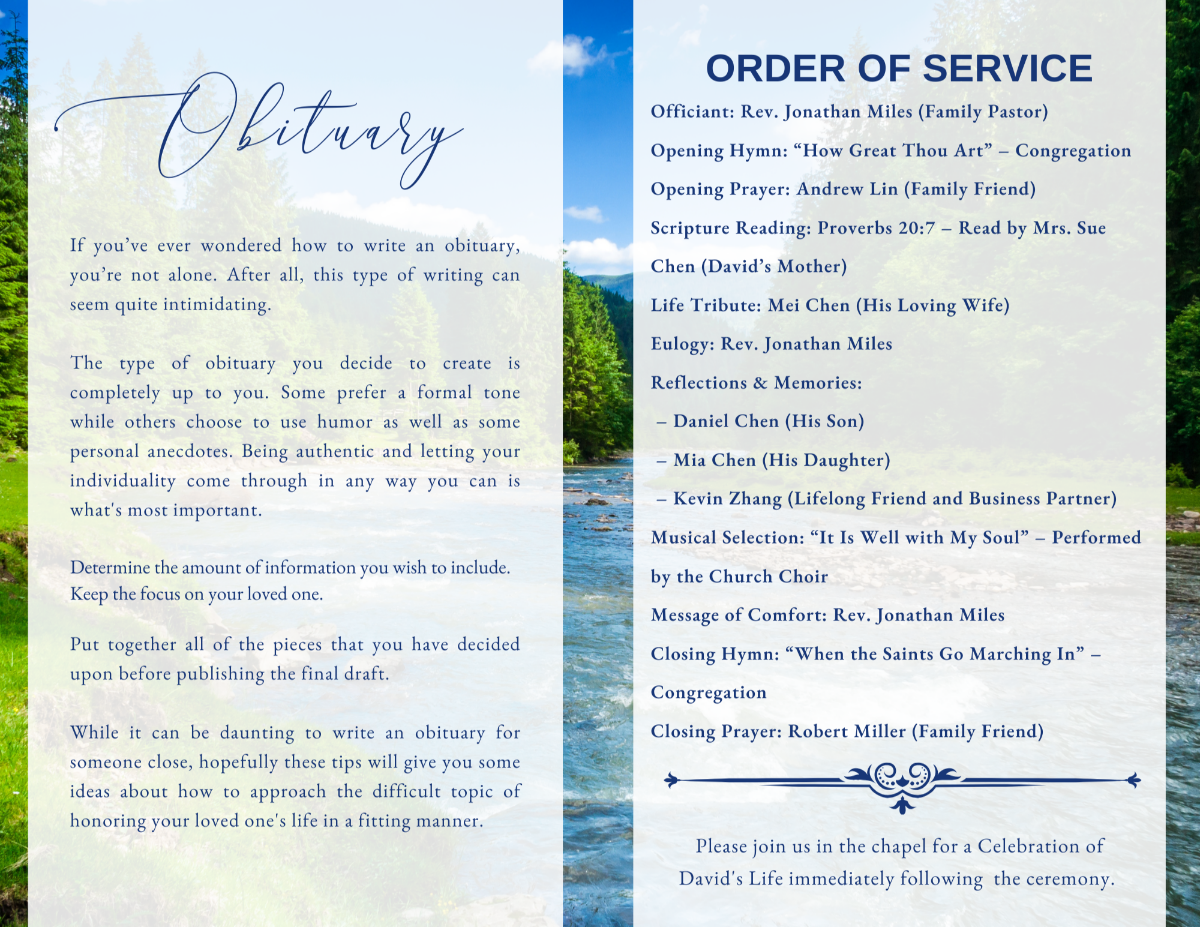 Obituary and Order of Service pages with soft water textures and fishing motifs