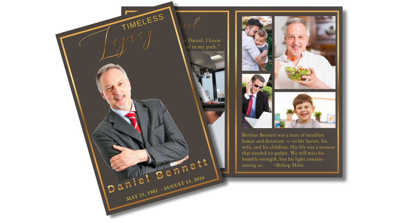 Men’s memorial program cover featuring elegant gold typography displayed beside coordinated interior remembrance pages, treasured family photographs, and timeless masculine layouts designed for a dignified tribute.