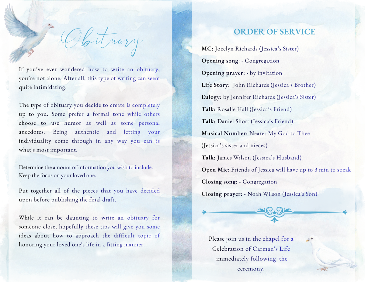 Obituary text and order of service layout with watercolor textures, dove accents, and clean, modern typography.