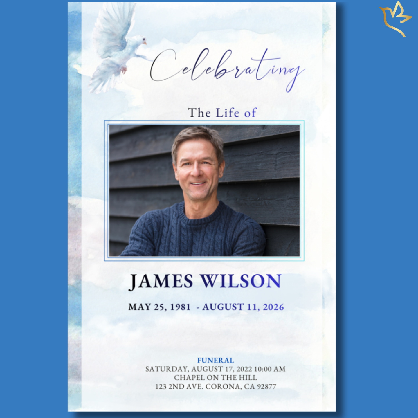 Heavenly Sky funeral program cover featuring soft watercolor clouds, a white dove in flight, and elegant script lettering surrounding a centered portrait framed in calm blue tones.