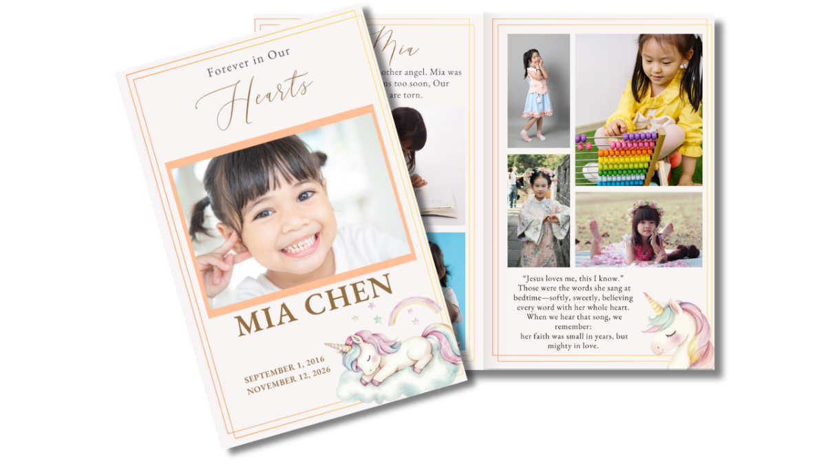 Child funeral program front cover with pastel unicorn design alongside open interior pages showing photo collage layouts with soft colors and balanced spacing.