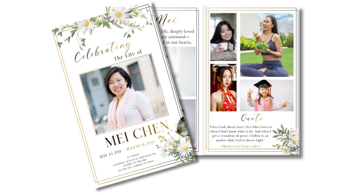 Front cover displayed beside open interior pages showing the daisy floral theme coordinated across obituary, collage, poem, and tribute layouts.
