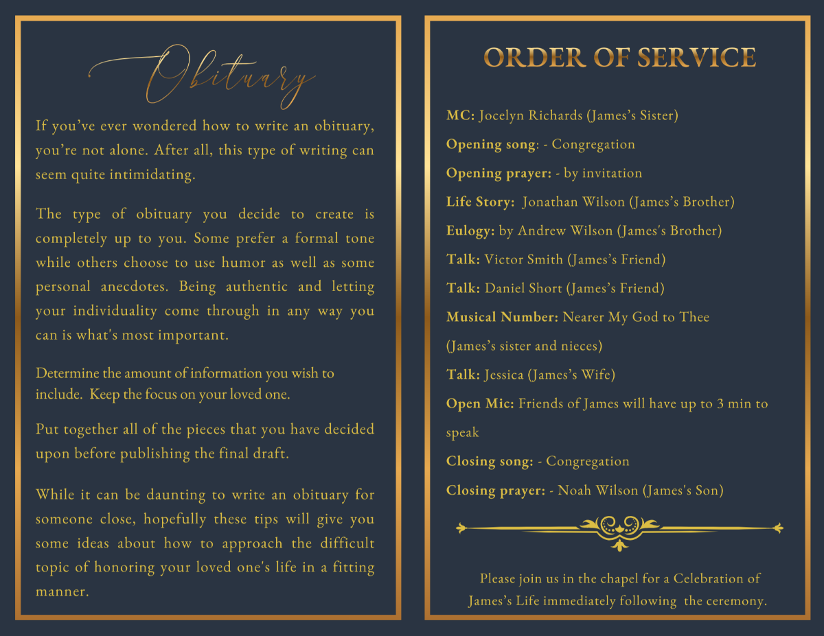 Elegant obituary and order of service pages featuring classic typography, organized memorial details, and a dignified layout suitable for honoring a respected life.