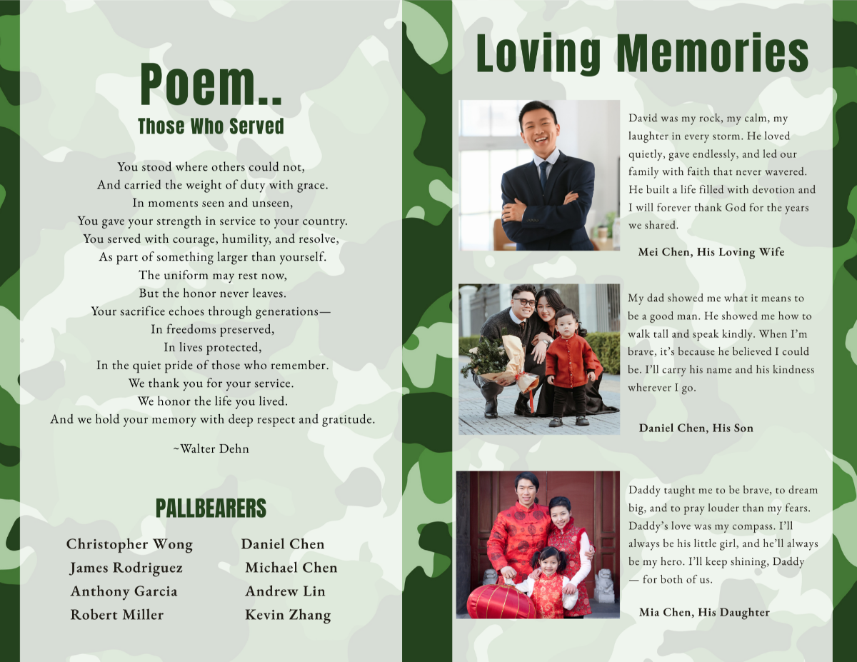 Poem and tribute pages with heartfelt messages and uniform camouflage background.