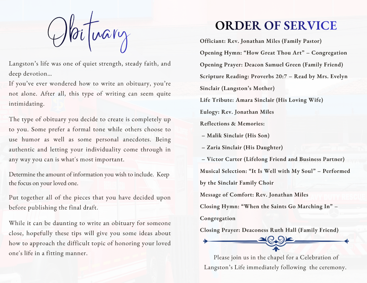 Structured obituary and order of service pages designed with clarity and strength, making it easy to follow and honor his life story.