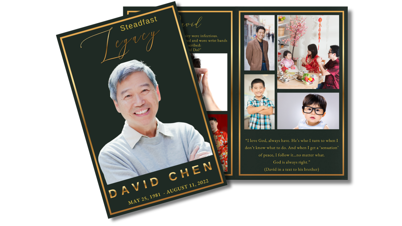 Steadfast Legacy funeral program template preview featuring the memorial cover displayed alongside coordinated interior pages for photographs, life stories, family memories, memorial tributes, poems, and celebration of life services.