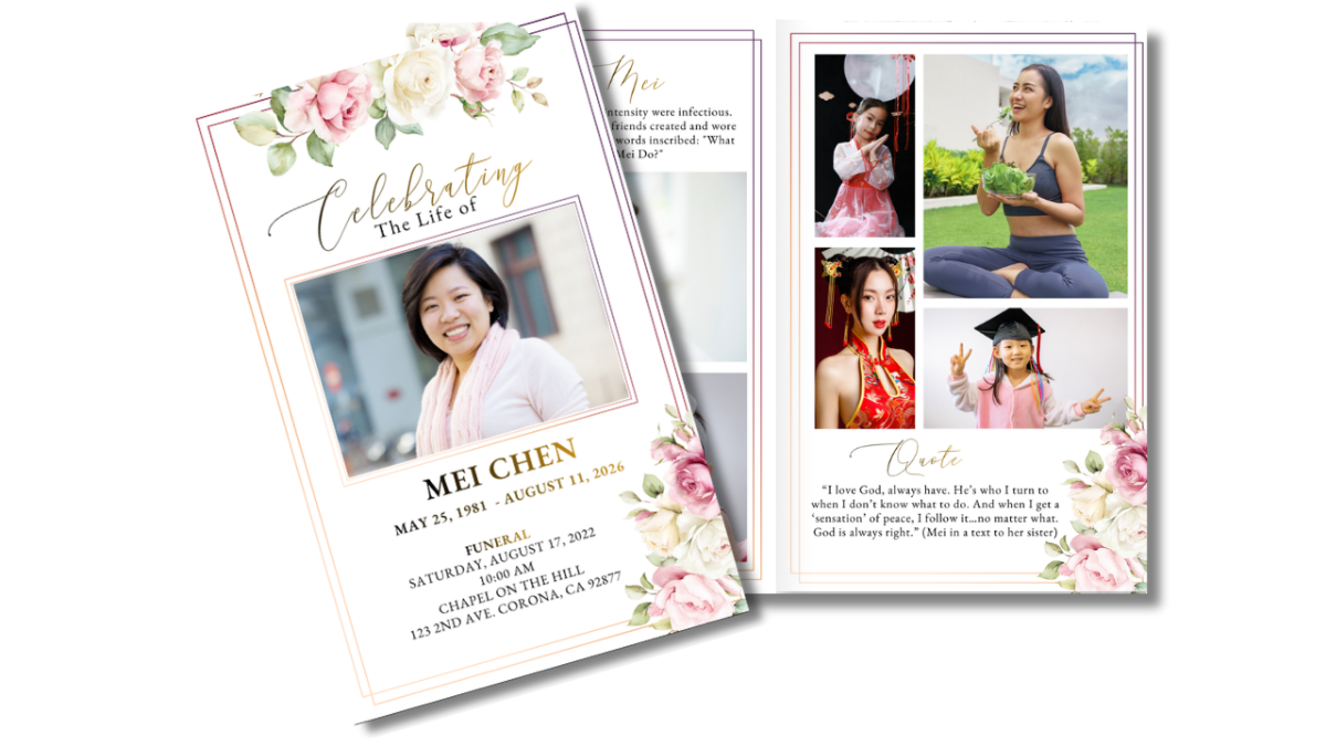 Two-page thank-you and cover spread featuring blush florals, gold-line framing, a memorial poem, and the portrait-centered front cover in soft pink tones.