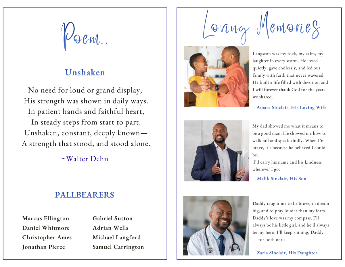 Poem and Loving Memories pages featuring centered verse layout and tribute sections paired with portrait photography in a clean, masculine design.