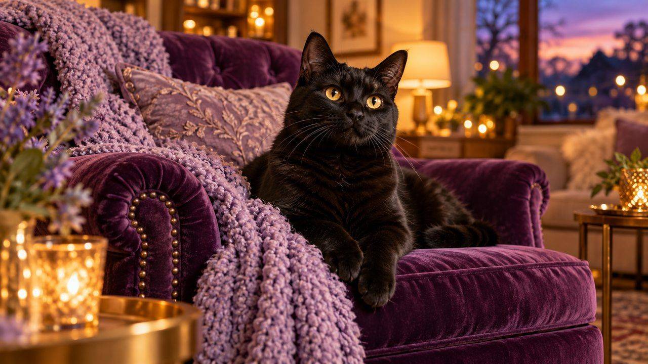 An alert black cat with golden eyes sitting on a plum velvet armchair in a warmly lit living room.