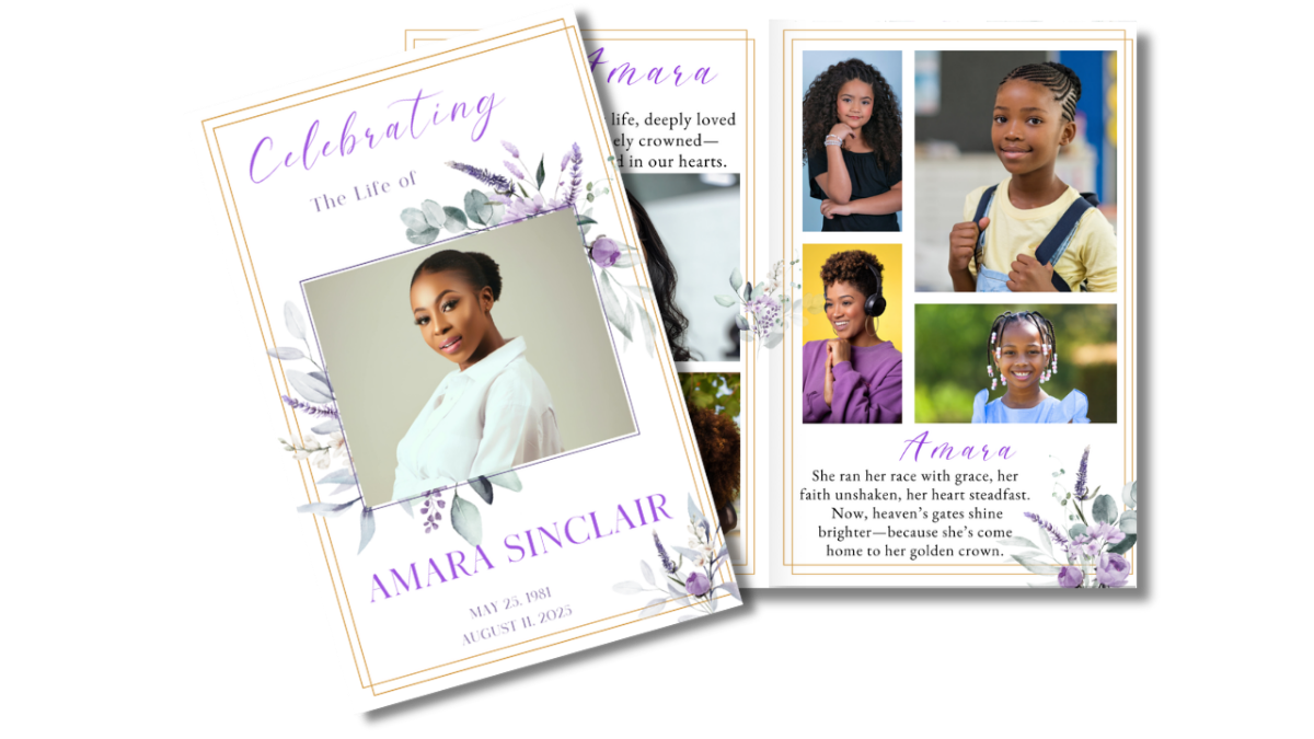 Front cover displayed beside open interior pages showing the lavender floral theme coordinated across obituary, collage, poem, and tribute layouts.