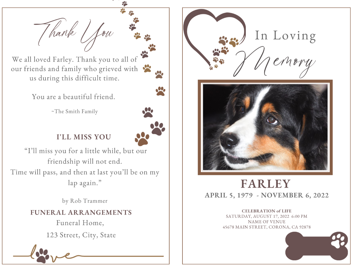 Open cover view showing the thank-you note on the back panel and front photo framed with matching paw-print and heart accents.