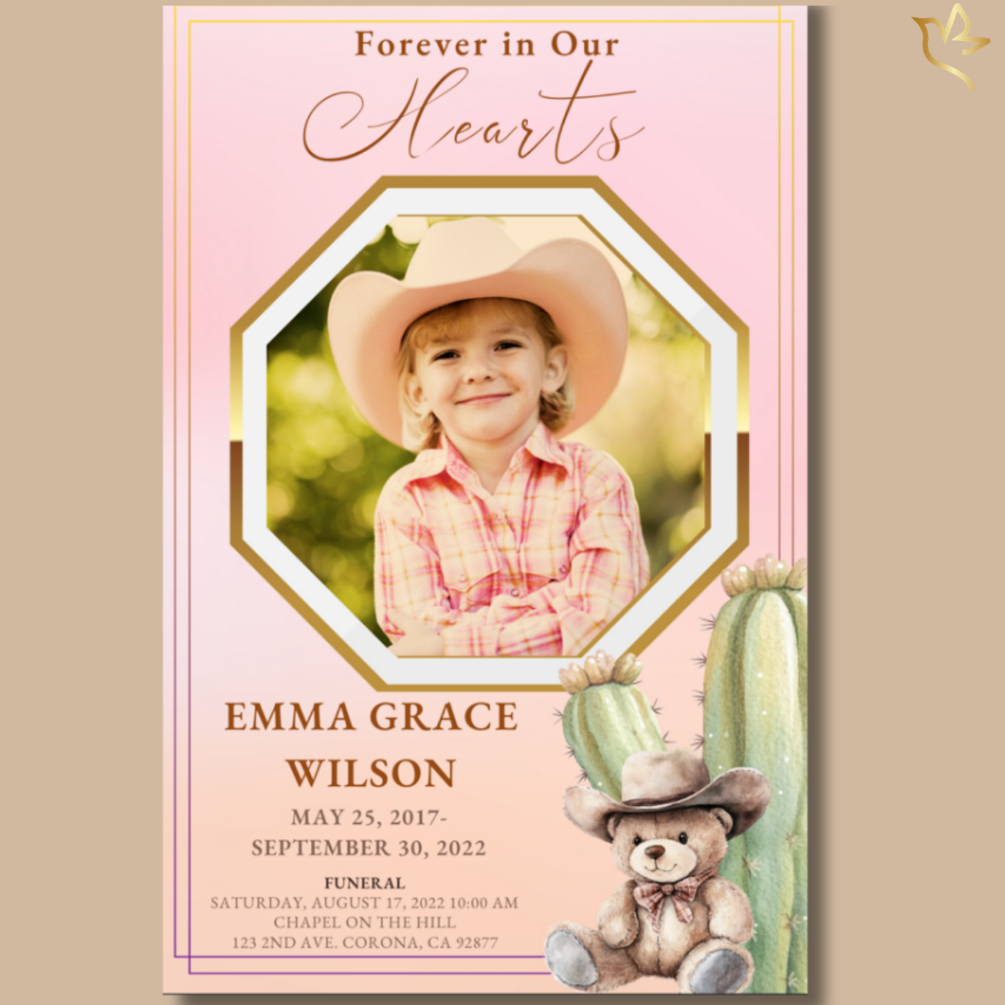 Soft pink and gold western-themed children’s funeral program cover titled “Forever in Our Hearts,” featuring a smiling little cowgirl in a hat inside a gold-trimmed frame, with watercolor cactus and teddy bear in cowboy hat accents.