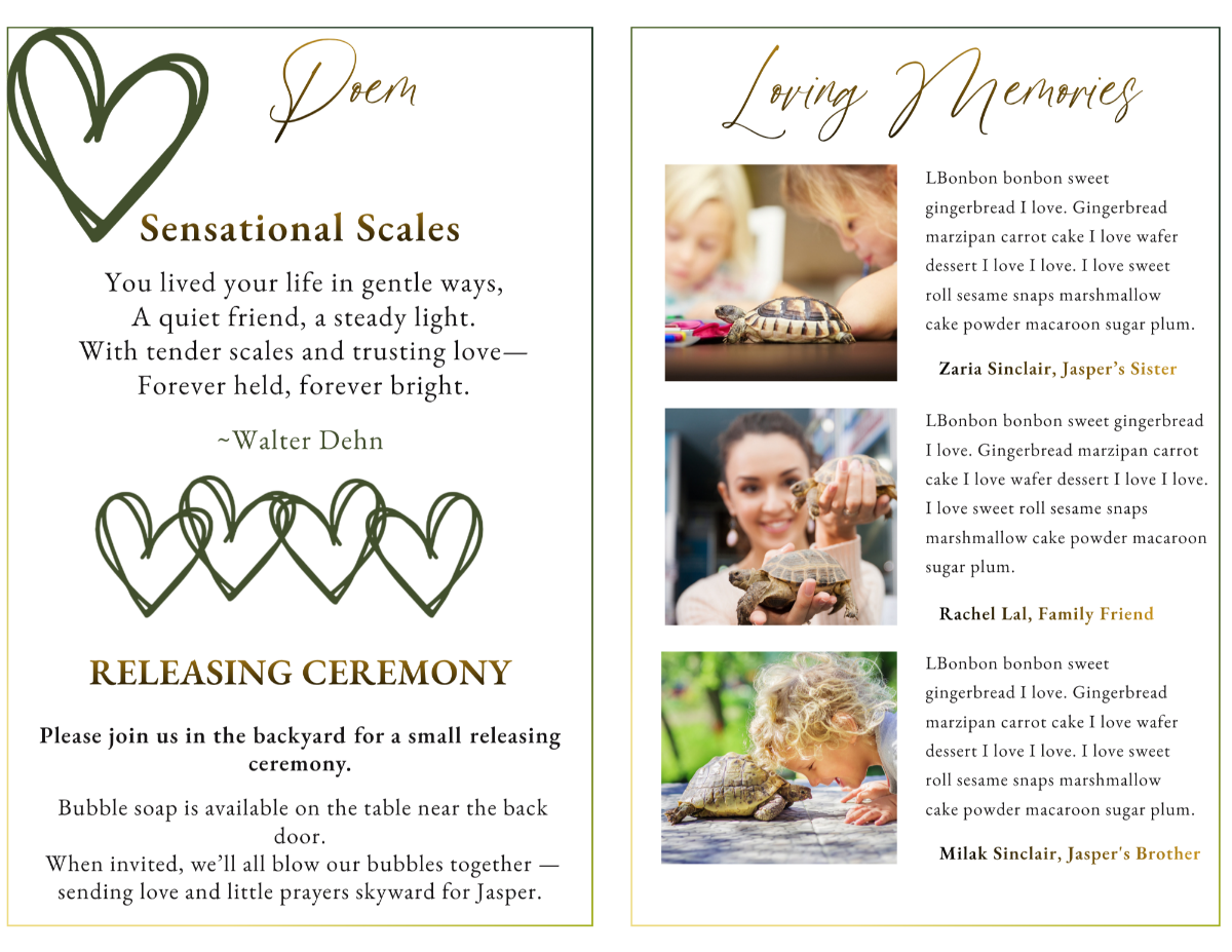 Loving memories page with reptile photos and tributes paired with a poem page featuring calm typography and a gentle, minimalist design.