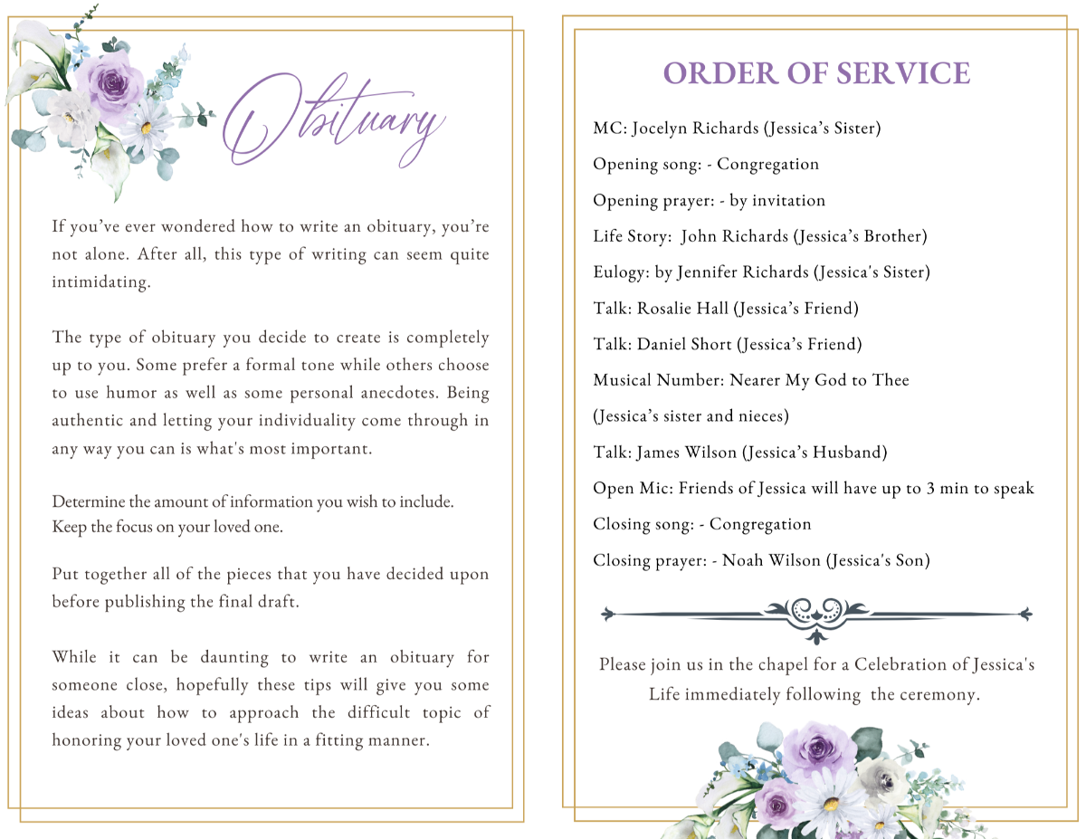 Interior pages featuring obituary and order of service framed by soft lavender blooms.