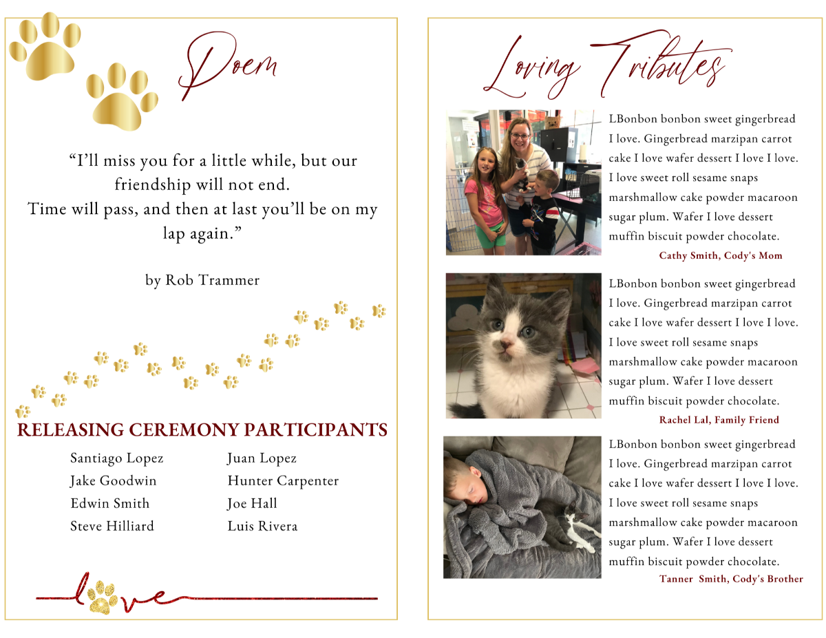 Interior spread featuring the memorial poem, participant list, and loving tributes, all decorated with graceful paw-print motifs.