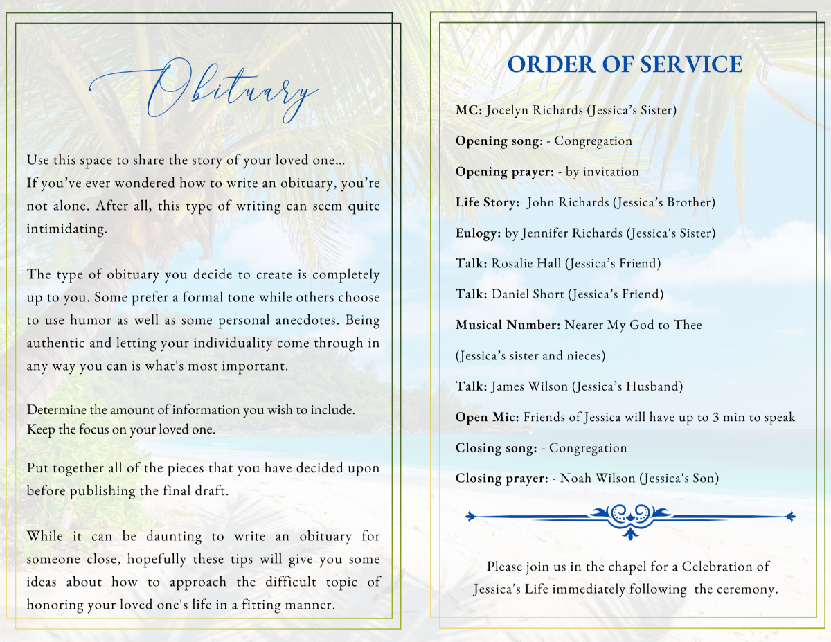 Beach-themed funeral program interior pages featuring tropical palm backgrounds, elegant blue typography, obituary text, and a coordinated order of service layout.