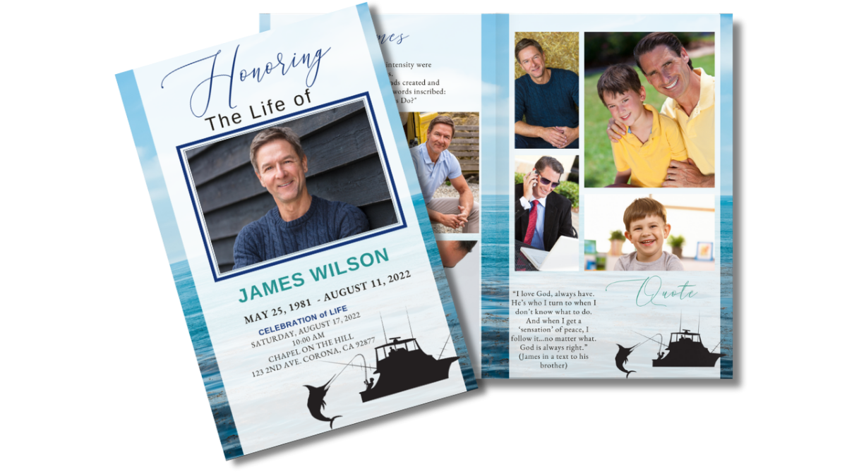 Program spread showing front and back pages with ocean-blue design and marlin graphic.
