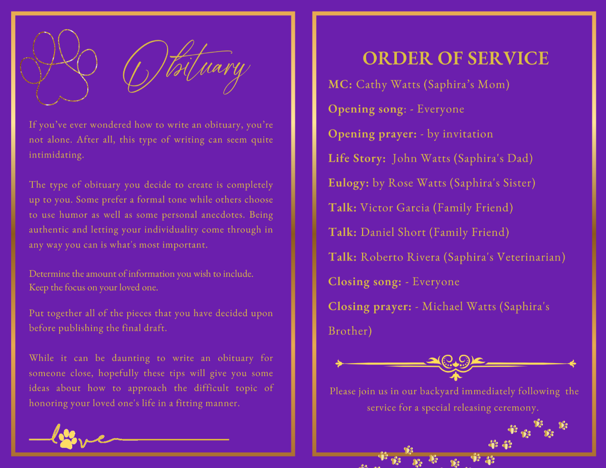 Cat memorial obituary and order of service pages featuring elegant typography, memorial details, paw print accents, and celebration-of-life information.