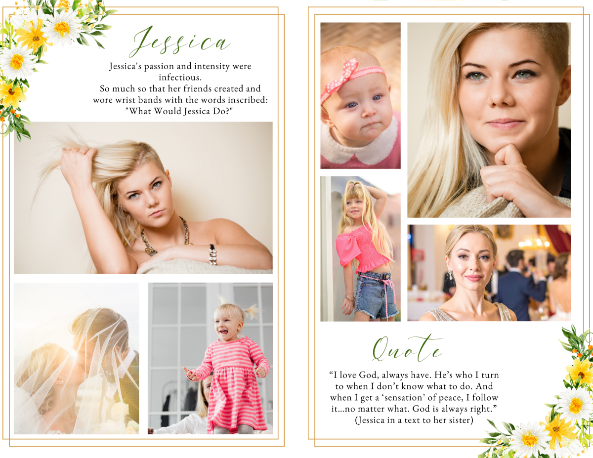 Photo collage and quote layout highlighting family memories with daisy floral border and gentle golden tones.