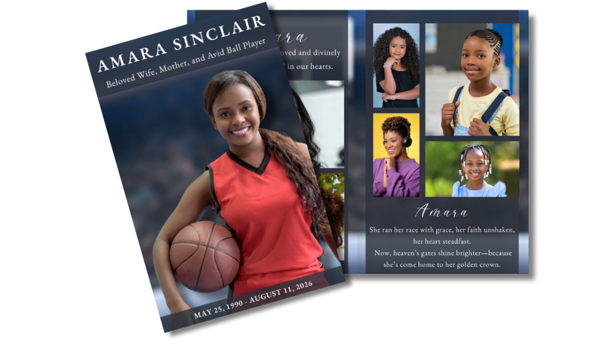 Front cover featuring a smiling woman holding a basketball, displayed beside coordinated memorial interior pages with elegant navy and charcoal styling.