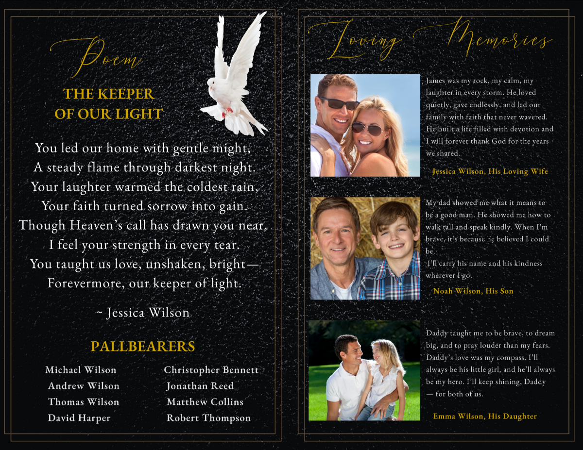 Left page with tribute poem and pallbearers list; right page displaying three tribute photos with heartfelt messages from family members.