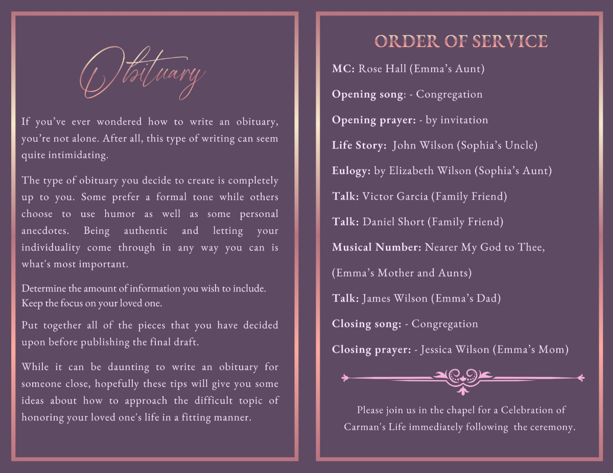 Blooming Legacy obituary and order of service pages featuring a soft blush pink floral design for sharing life stories, memorial details, readings, musical selections, and remembrance ceremonies.