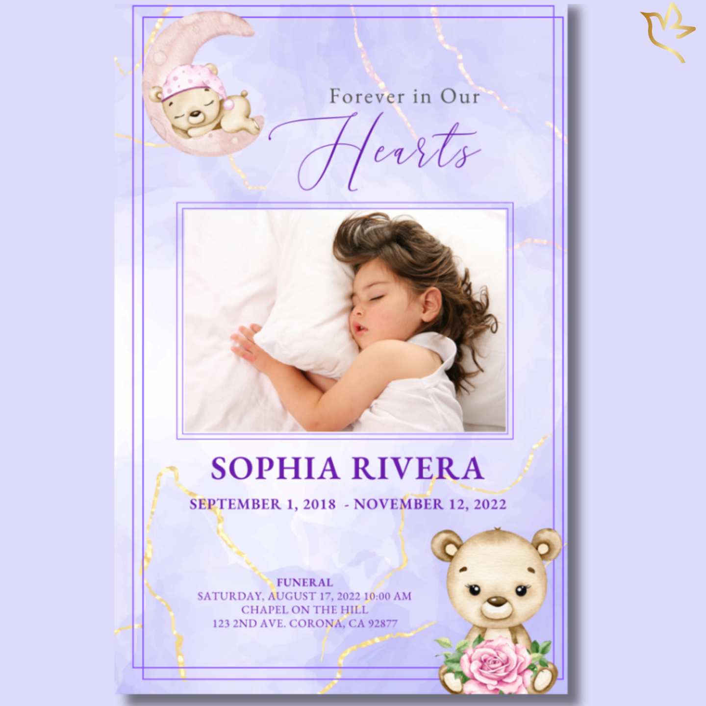 Soft lavender memorial program cover featuring a peaceful sleeping child, gentle gold marbling, and a sweet teddy bear resting beneath a crescent moon, creating a tender and comforting tribute.