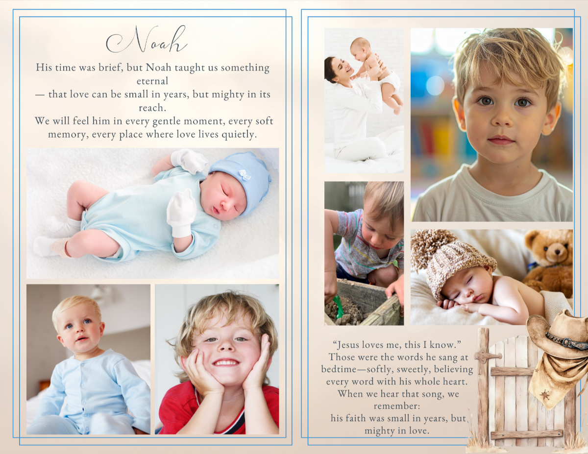 Life story and photo collage pages showing childhood portraits, family moments, and keepsake memories arranged beside rustic Western gate and prairie-inspired illustrations.