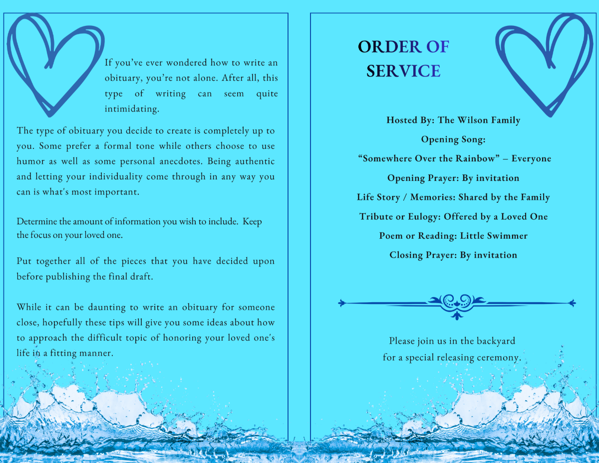 Two-page spread displaying obituary content and order of service with clean layout, framed by soft blue tones and gentle water-inspired accents.