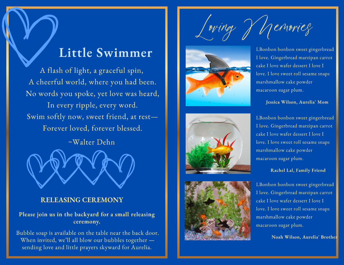Memorial pages featuring the poem Little Swimmer, family tributes, cherished photographs, and heartfelt memories celebrating the life of a beloved pet fish.