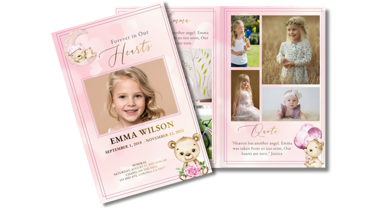 Front cover design featuring a smiling child portrait framed in soft rose borders, crescent moon teddy bear illustration above, and blush background symbolizing love and remembrance.