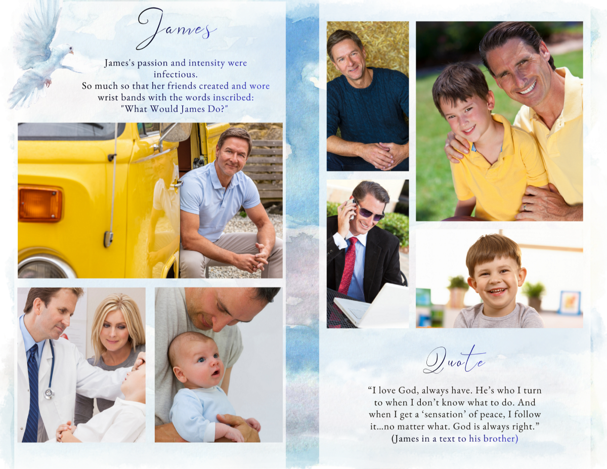 Photo collage tribute spread featuring family portraits and life moments arranged in clean layouts with subtle seashell accents and soft beach tones.