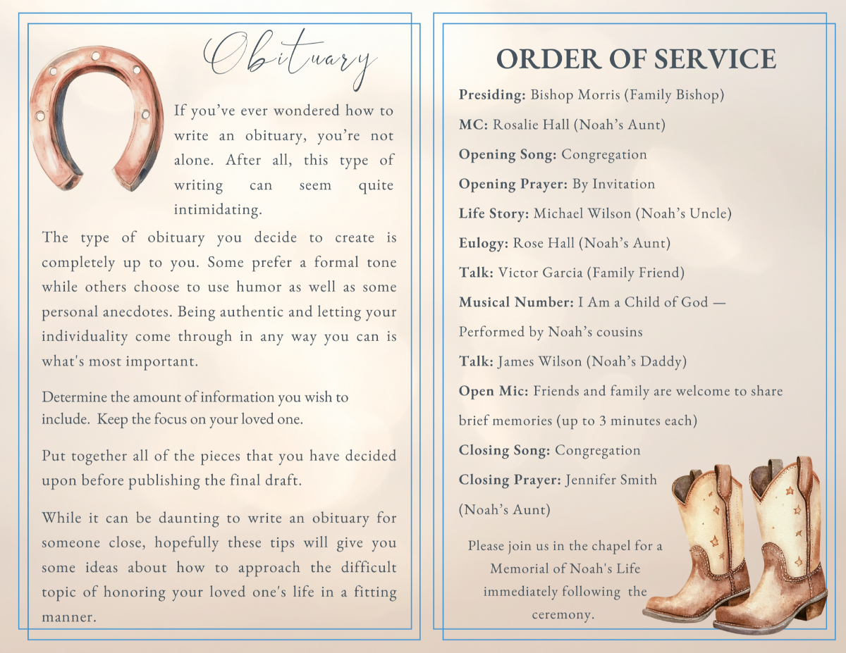 Obituary and order of service pages featuring watercolor horseshoe and cowboy boot illustrations, with clean structured sections for honoring a child’s life and memorial service details.