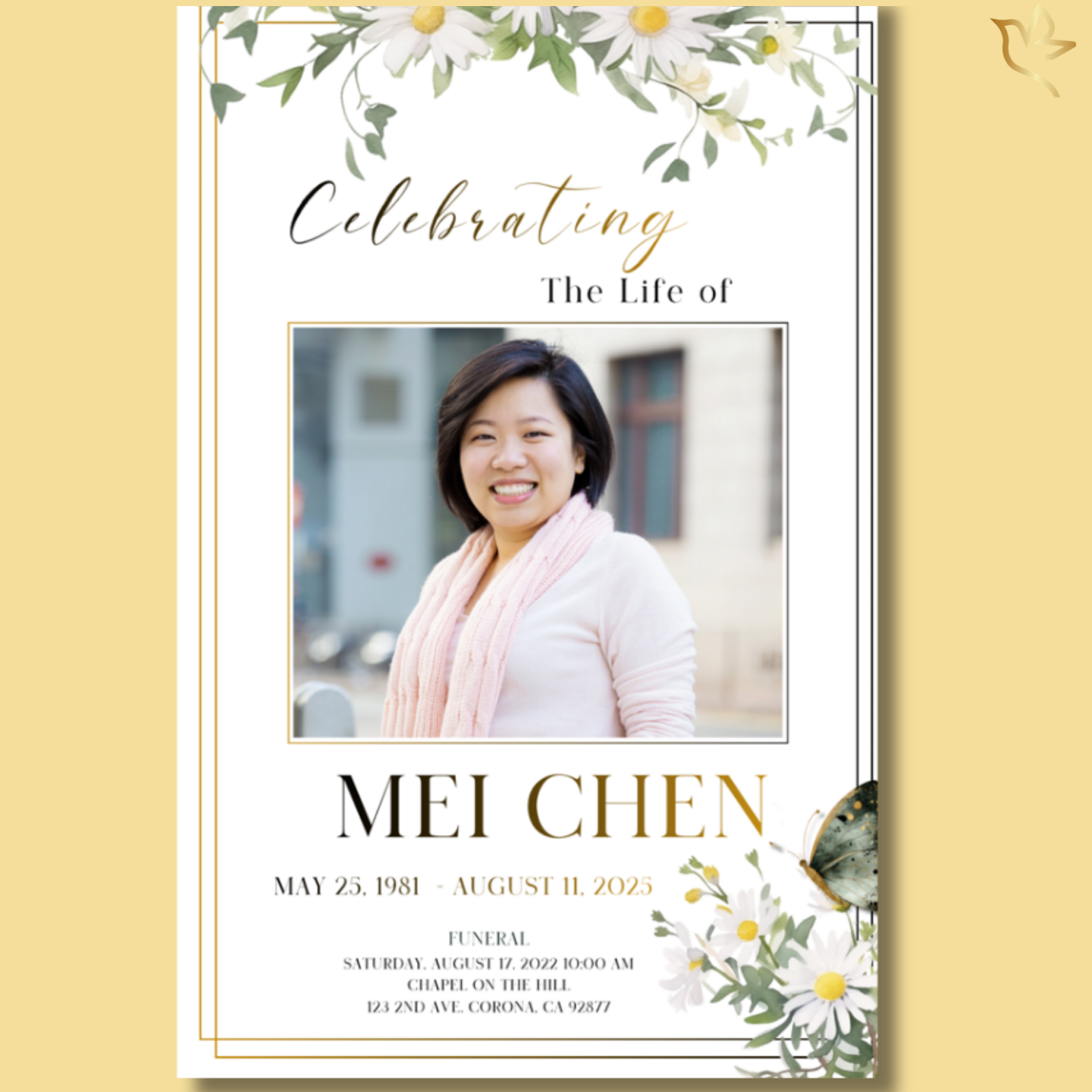 Precious Daisies funeral program cover featuring soft white daisies with gentle greenery and gold accents framing a centered portrait on a warm ivory background with elegant memorial typography.