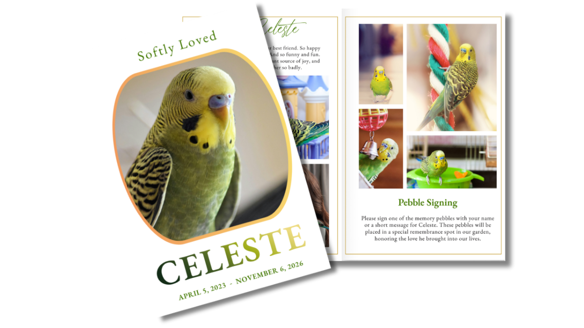 Front cover and interior layout displaying soft neutral background, green and gold typography, rounded portrait frame, and clean structured pages for a gentle memorial presentation.