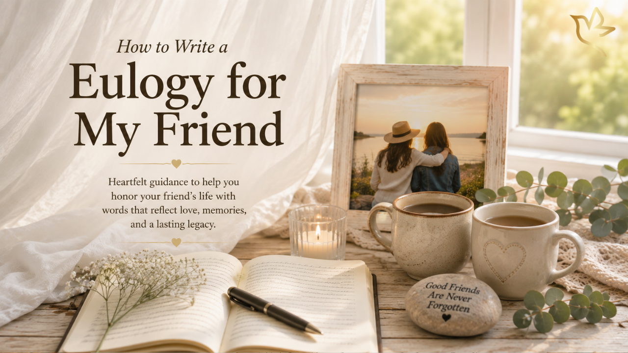 How to Write a Eulogy for My Friend guide with two coffee mugs, an open journal, candle, flowers, and a framed photograph of close friends in soft memorial lighting.