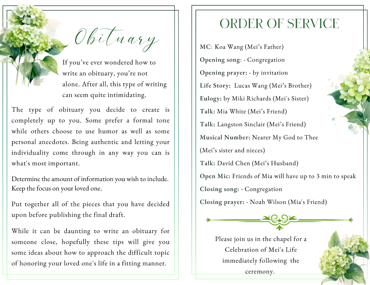 Obituary and order of service pages featuring graceful typography, watercolor hydrangea artwork, and an organized layout for memorial service details.