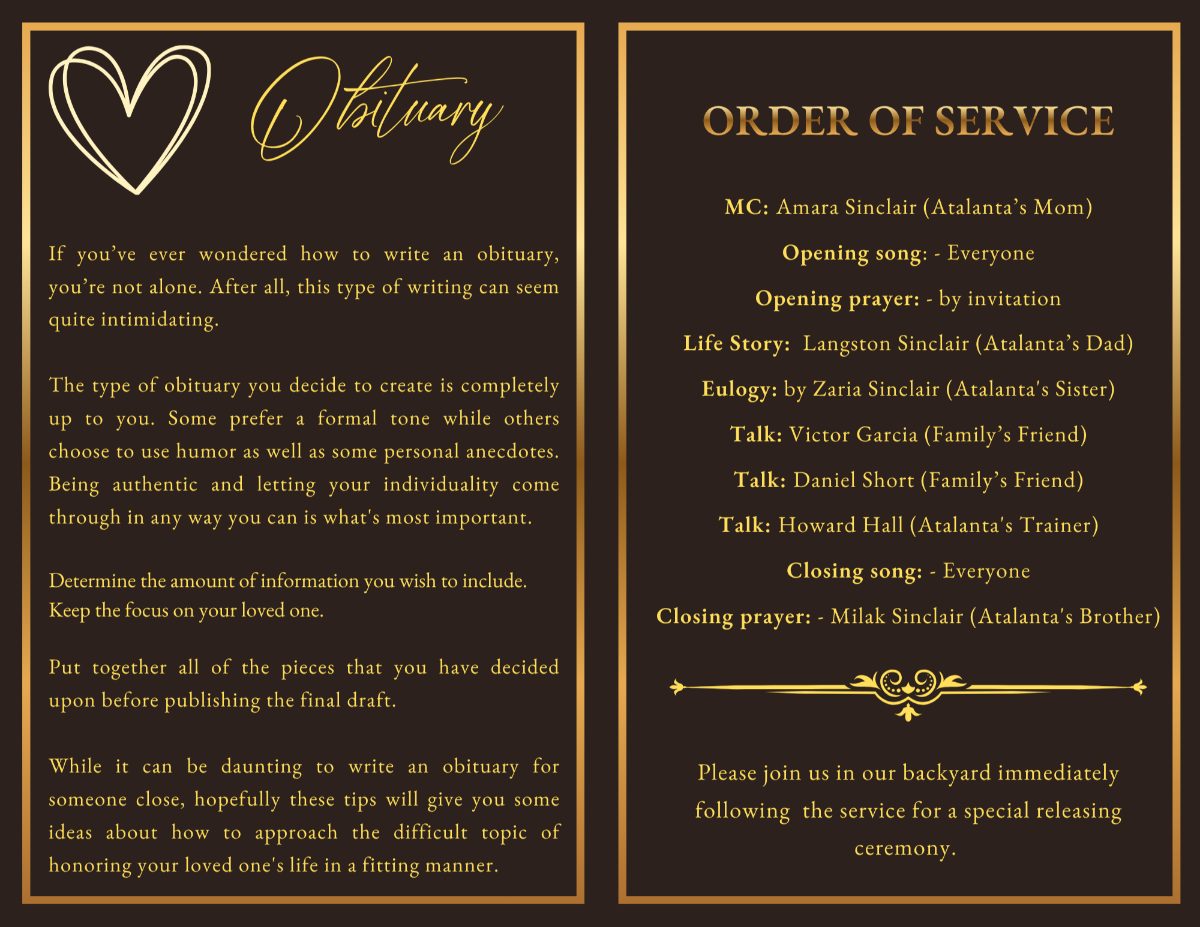 Horse memorial obituary and order of service pages featuring elegant typography, celebration-of-life details, memorial readings, and tribute information.