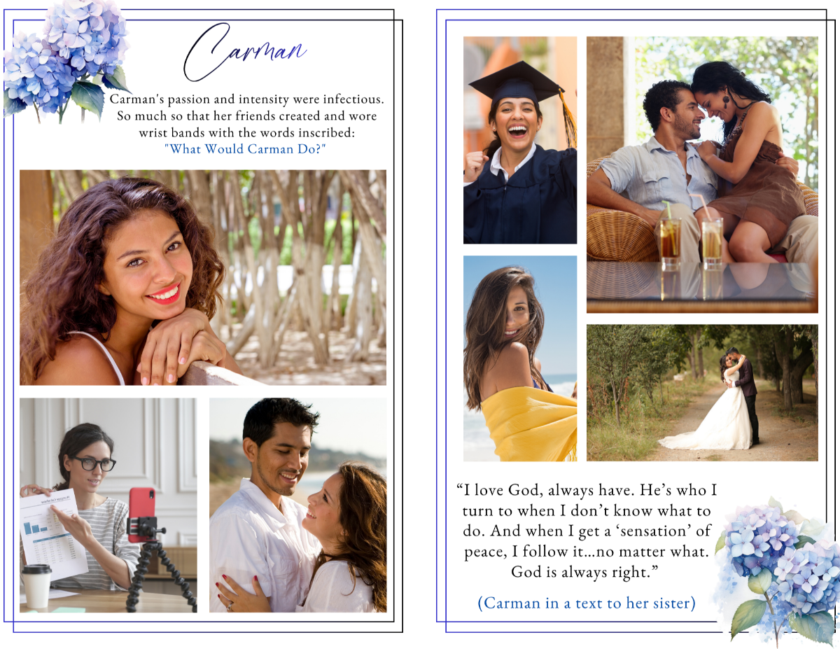Photo collage and remembrance pages celebrating meaningful moments with family, friendship, faith, love, and the lasting legacy of a deeply cherished woman.