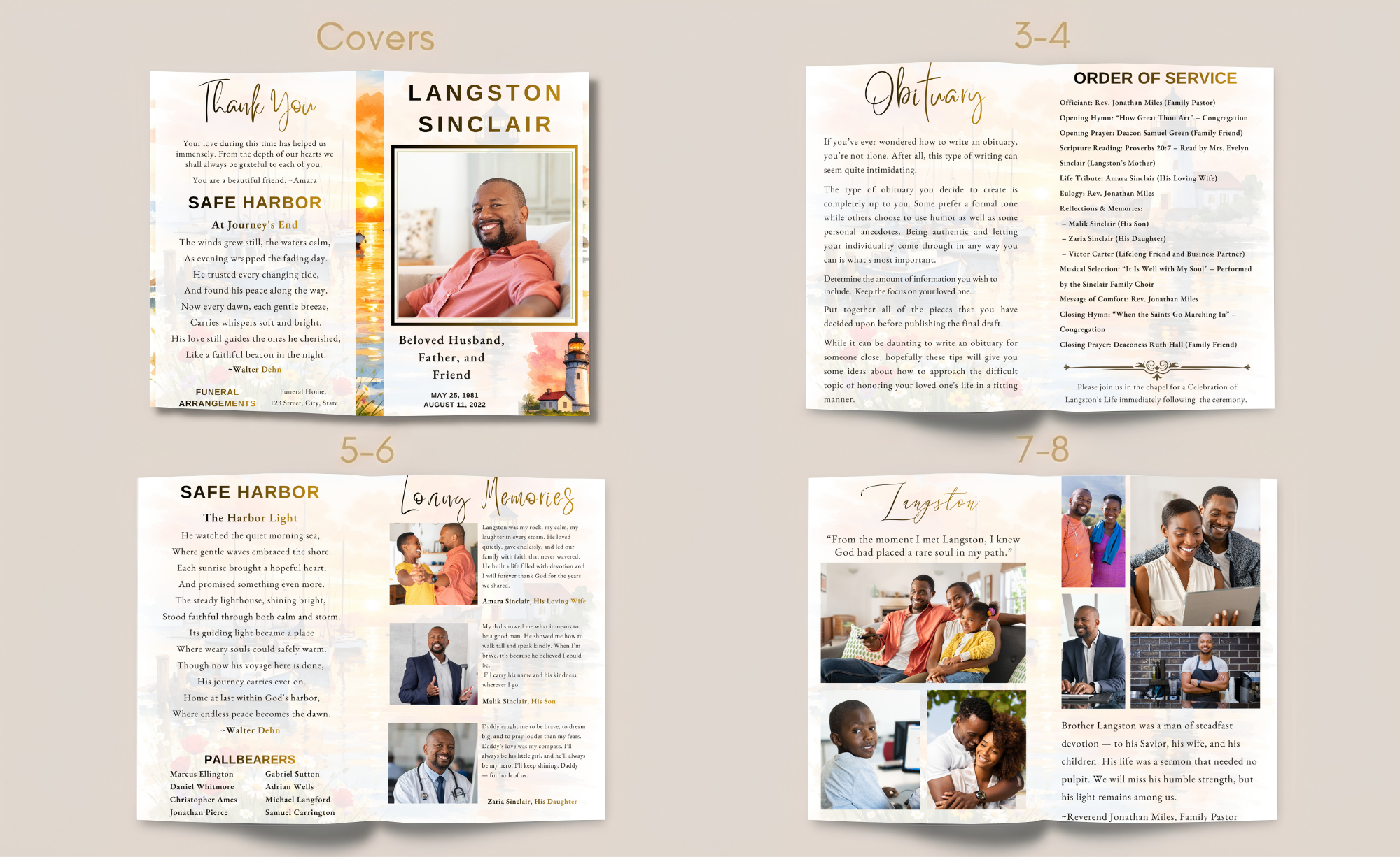 Eight-page men’s funeral program template showing coordinated cover, obituary, order of service, poem, loving memories, photo gallery, tribute, and memorial pages.