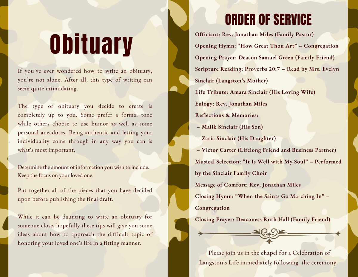Obituary and full order of service page with structured formatting on a subtle camouflage background.