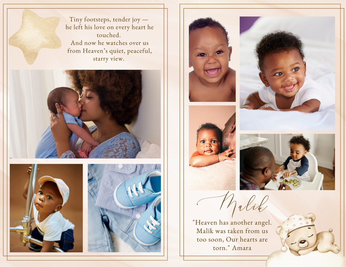 Interior photo collage spread featuring baby portraits, parent-child moments, soft gold star accents, and a heartfelt quote section.