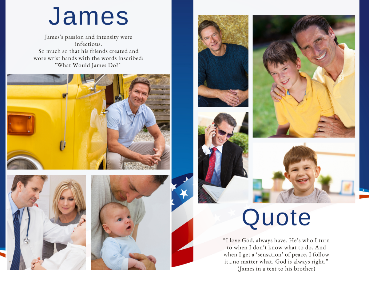 Full photo collage layout for sharing memories of the loved one, bordered with Stars and Stripes patriotic elements.