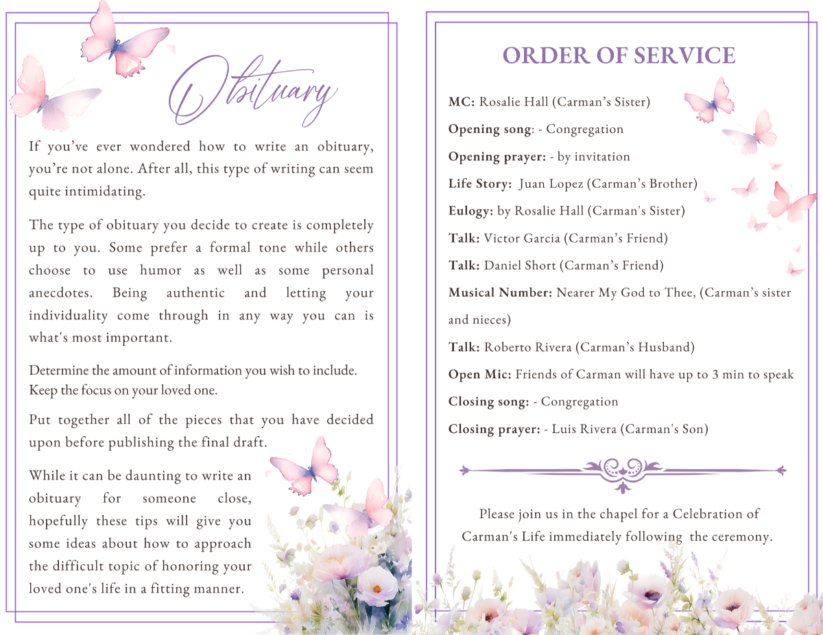 Obituary and order-of-service spread with soft lavender tones, floral details along the edges, and a clear, structured ceremony listing.