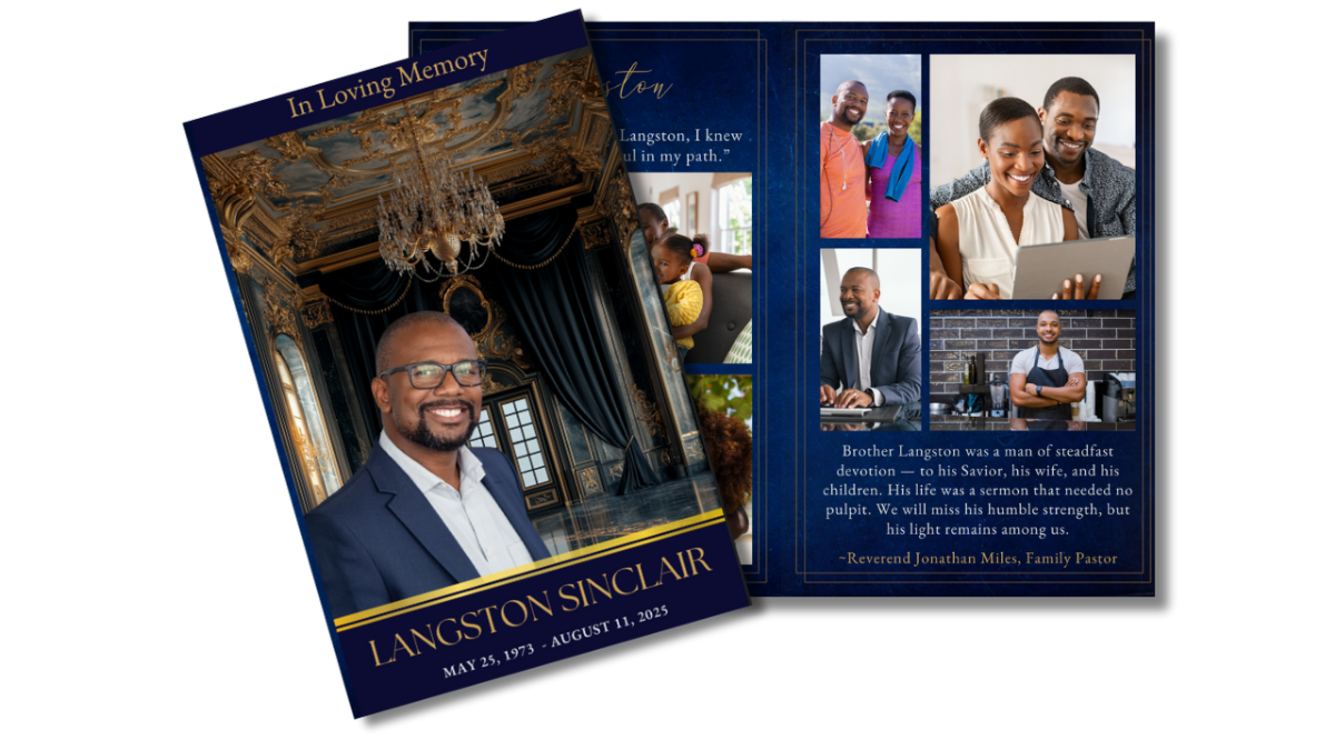 Thank-you message and poem on deep blue textured background with dove artwork on the left; matching memorial cover with smiling gentleman and regal gold palace setting on the right.