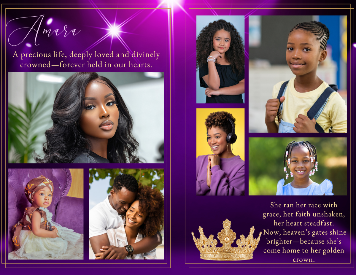 Full photo collage spread featuring multiple portraits and family images arranged on a luminous amethyst background with gold accents.