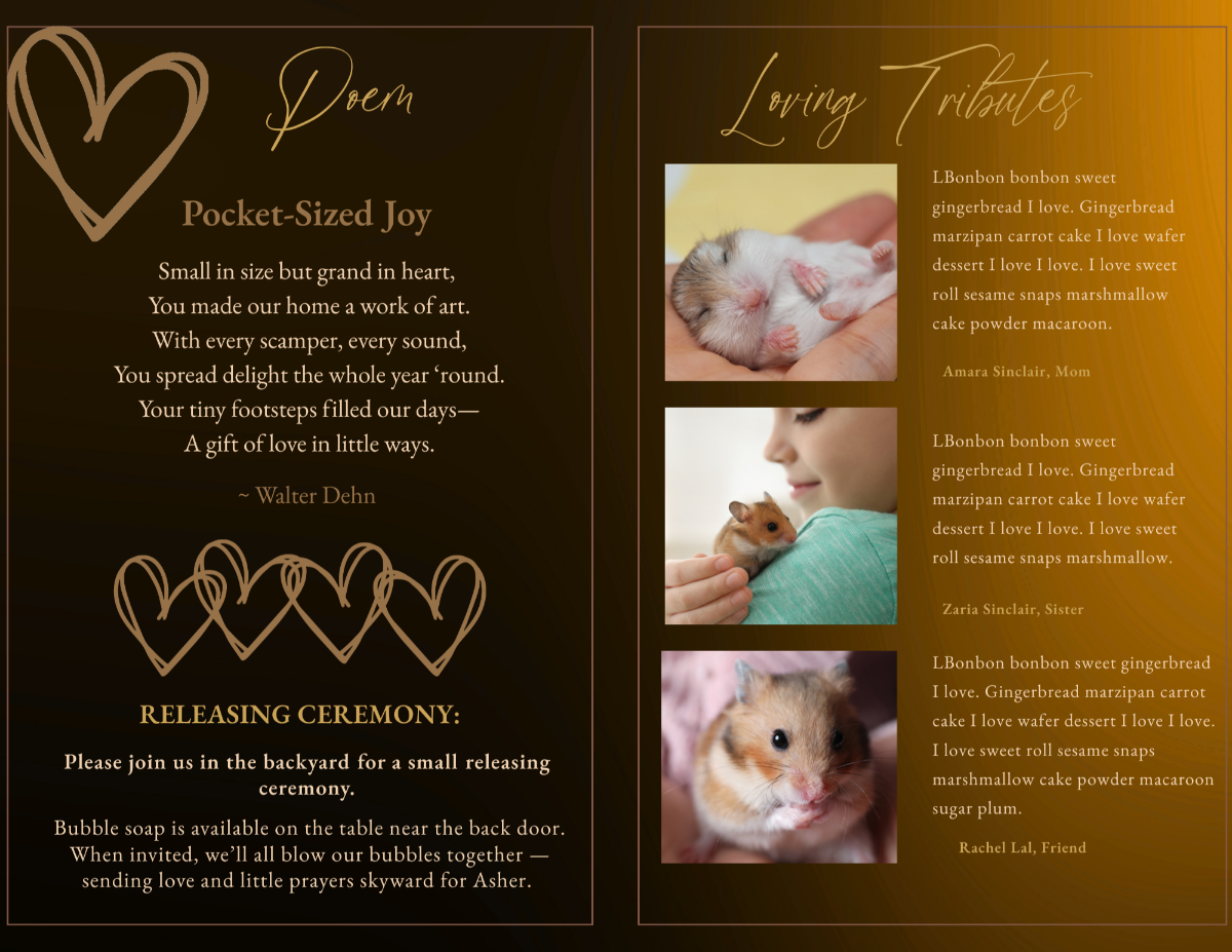 Two-page spread with the poem “Pocket-Sized Joy,” sketch heart motif, warm amber tones, and tribute section including multiple hamster photos and text from family members.