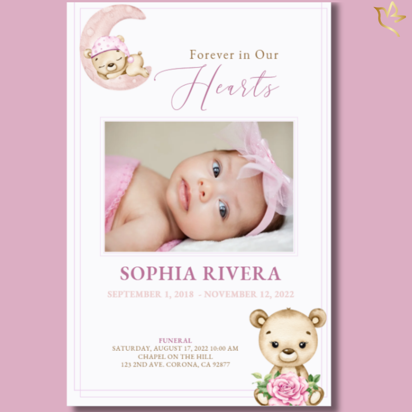 Front cover of Pink Teddy Bear child memorial program with baby photo, moon and teddy bear illustration, and soft pink tones