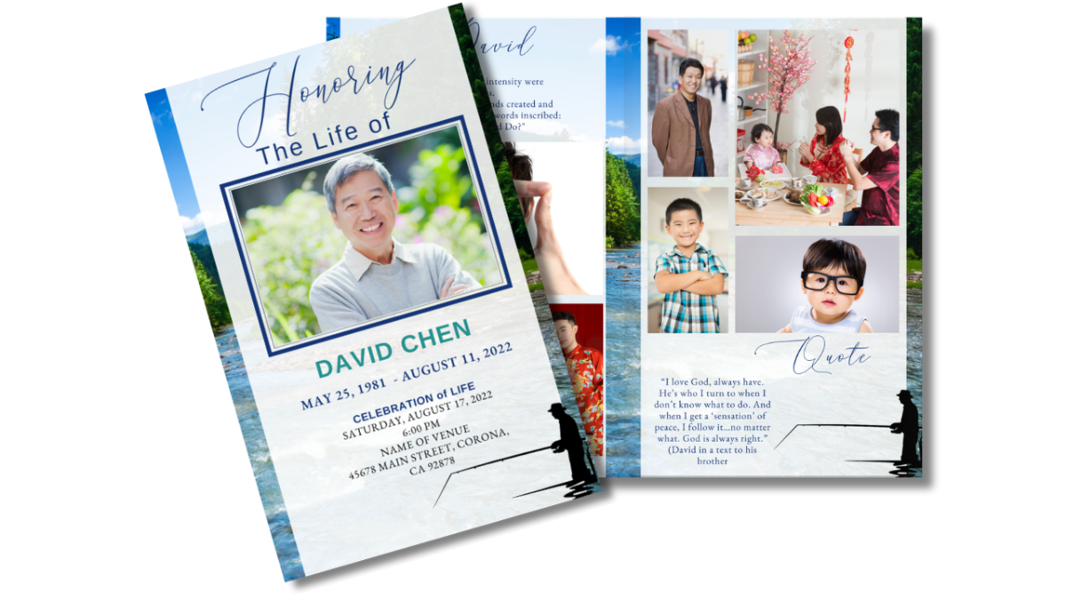 Fly Fishing Funeral Program Template featuring a serene lake background and soft blue tones. The design includes a front cover with a photo of a smiling man, life dates, and service details, alongside inner pages with additional photos, text, and a peaceful outdoor theme that honors a life loved near the water.
