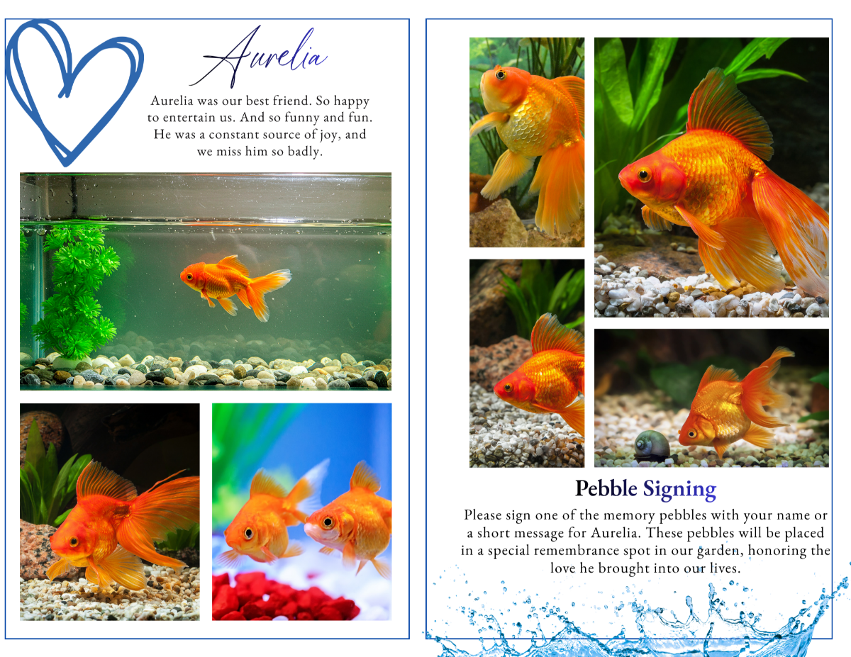Photo collage pages with minimal layout, light tones, and gentle aquatic-themed accents.